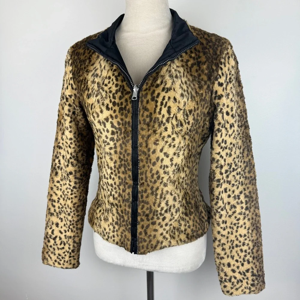 Y2K Leopard Print Faux Fur Rhinestone Zip Up Jacket Mock Neck Brown Black Small